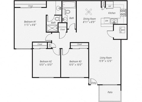 Floor plan for 3 beds, 2 baths, 1095 sqft